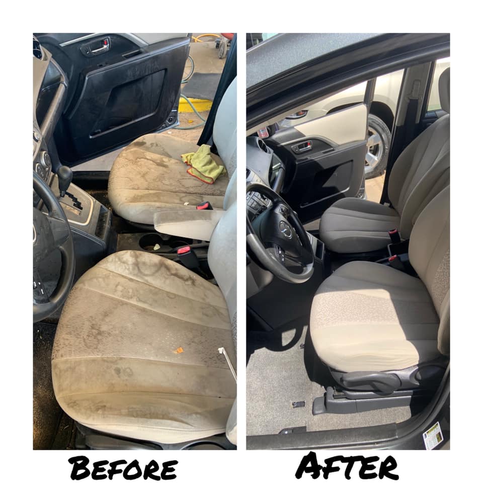 Before and after comparison of stained cloth seats and door panels deep-cleaned by Texas Car Detail in Dublin, TX