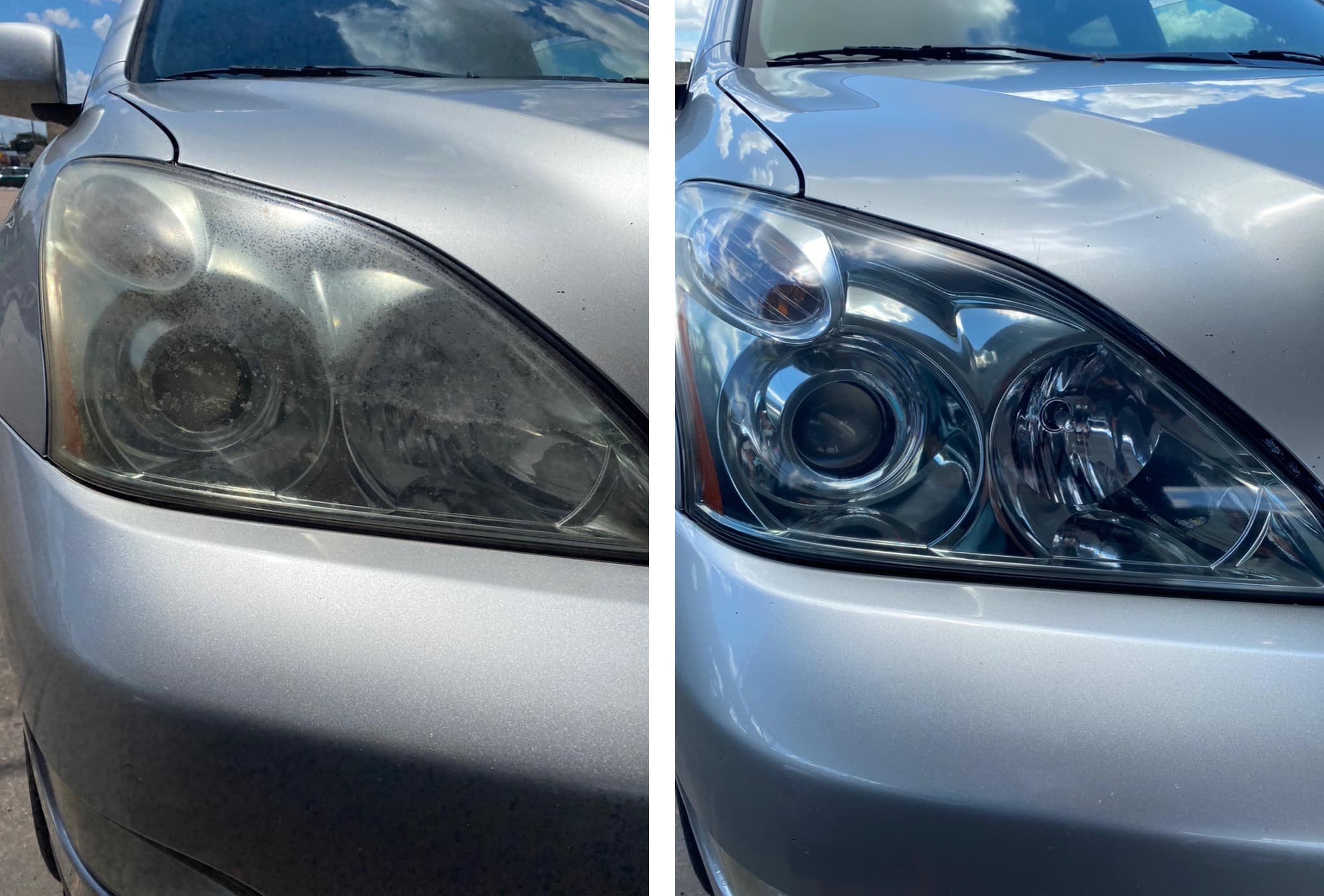 Before and after of a cloudy headlight restored to clear by Texas Car Detail in Dublin, TX