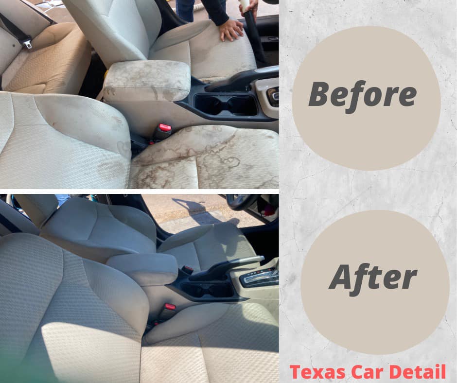 Before and after of a stained cloth car seat cleaned by Texas Car Detail in Dublin, TX